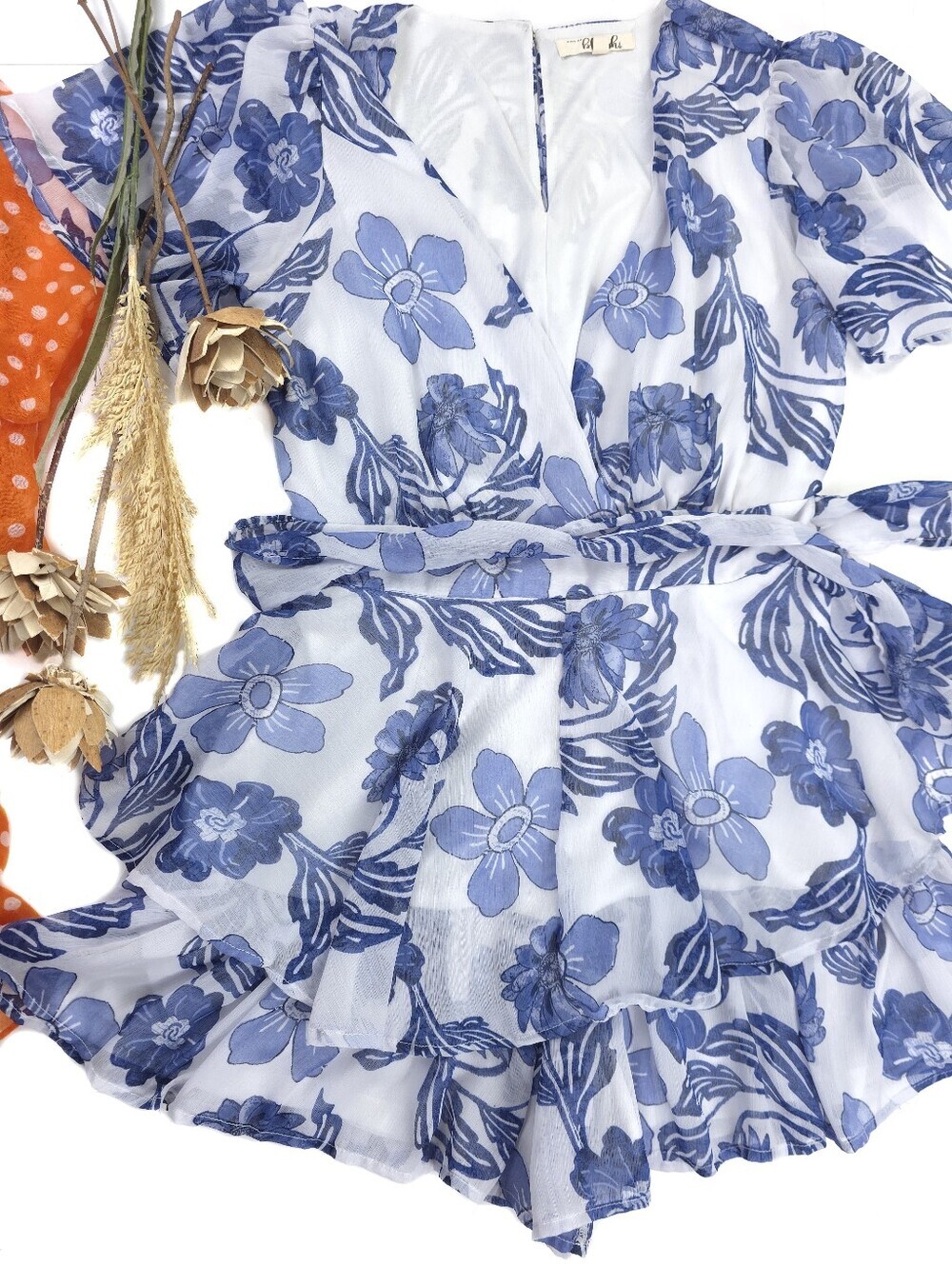 Hint of Blush - Blue Floral Wrap Romper Sz XL